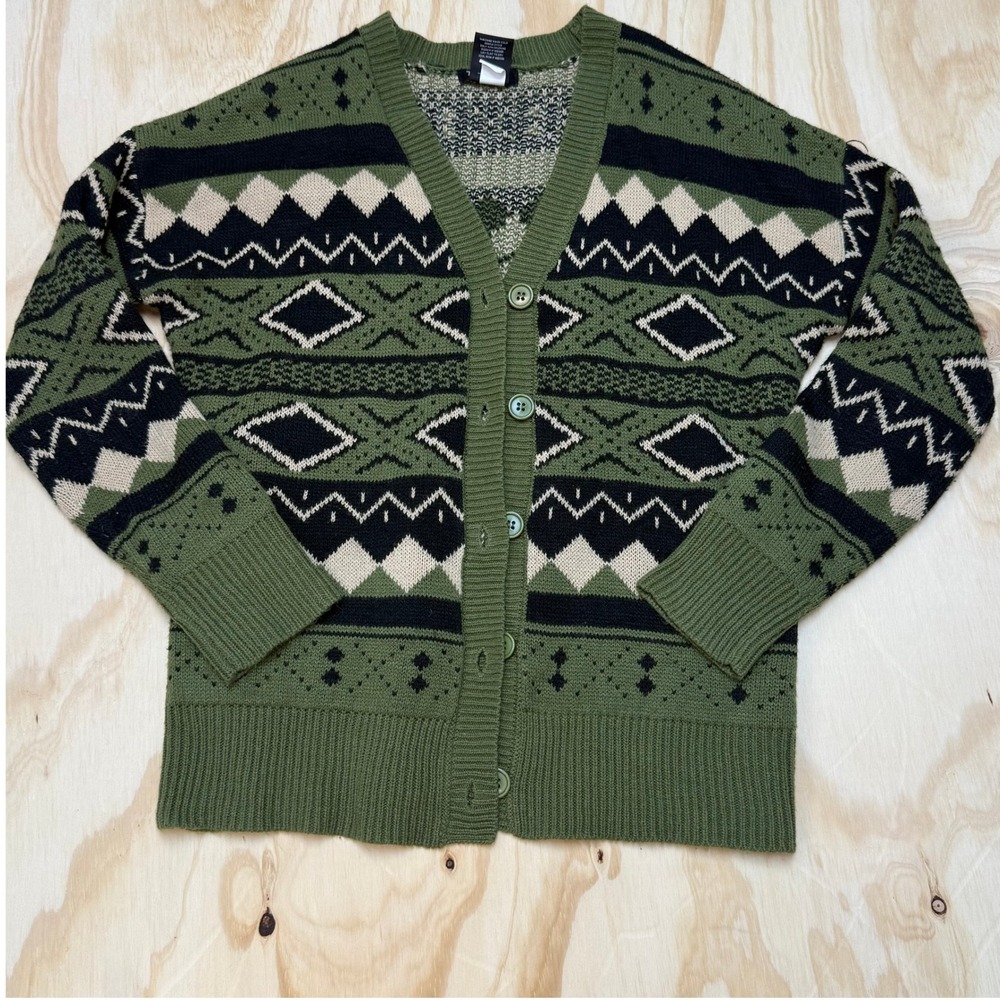 Thorn & Fable Hot Topic Green Fair Isle Geometric Knit V-Neck Cardigan XS